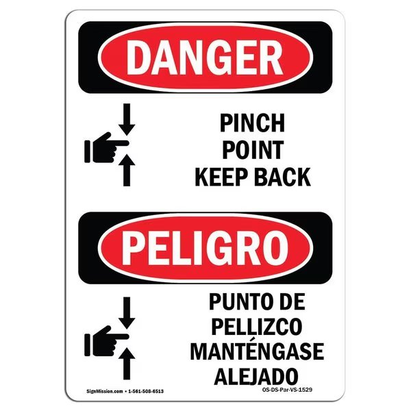OSHA Sign, Pinch Point Keep Back Bilingual, 5in X 3.5in Decal, 10PK, 3.5